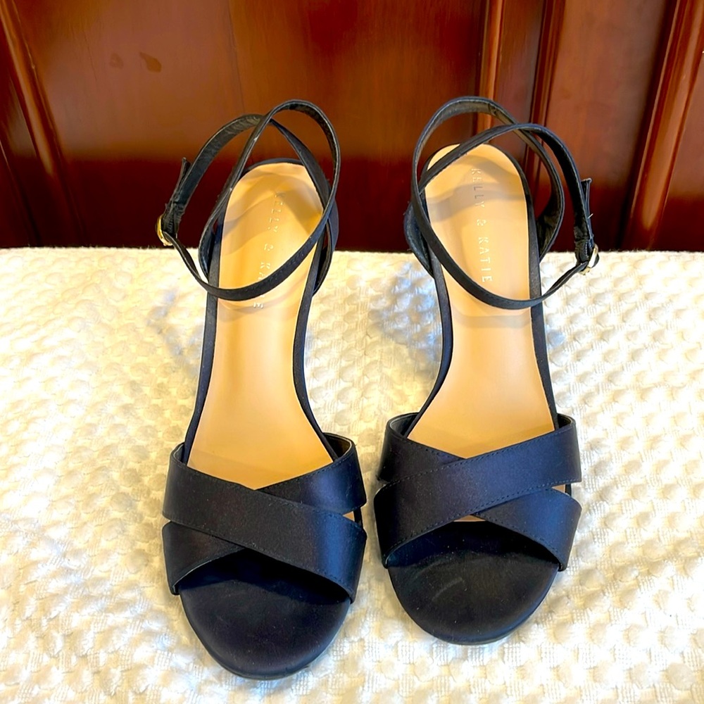 Comfy Navy Satin Ankle Strap Heeled Sandal 3”